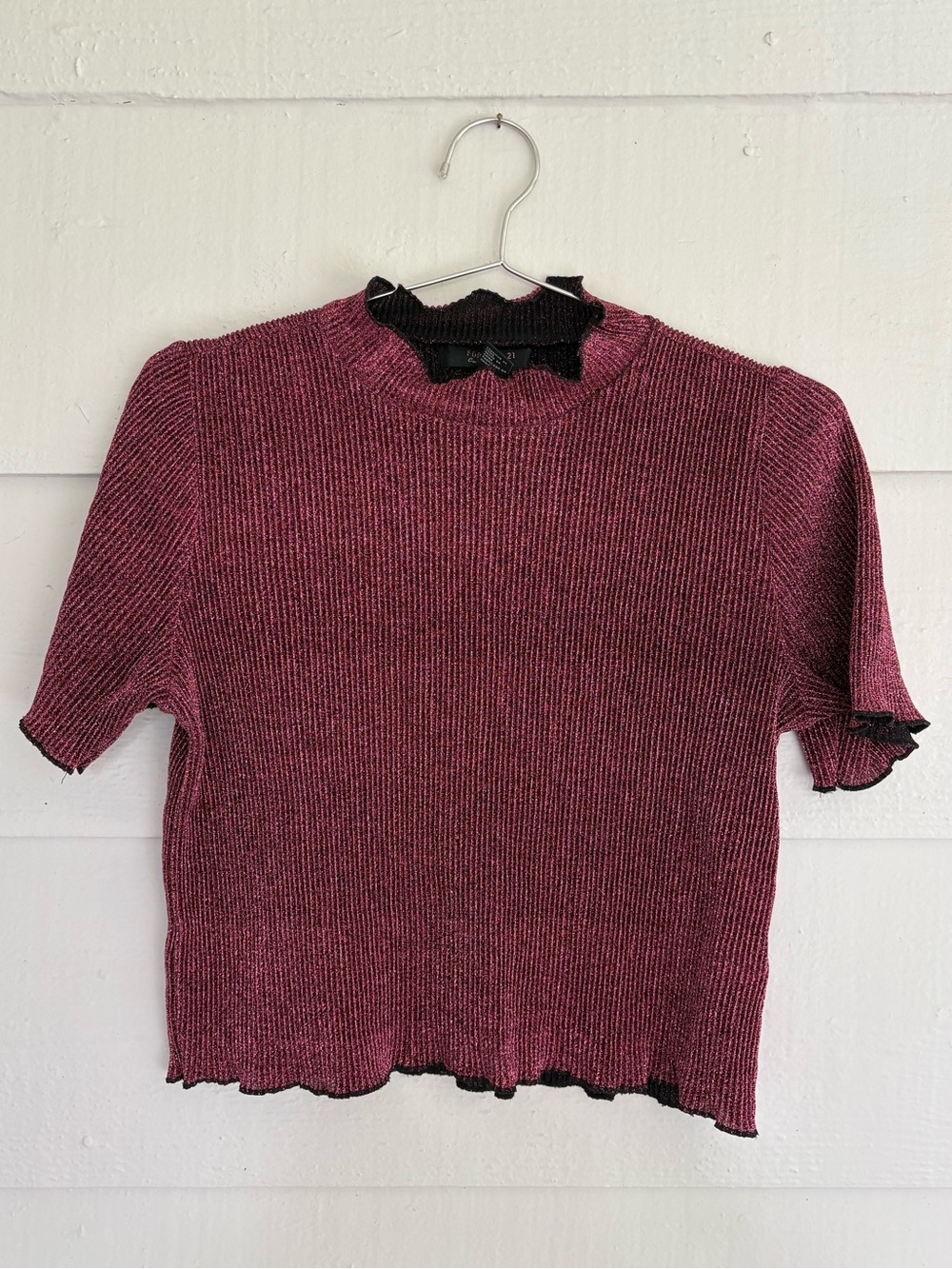Forever 21 Contemporary Metallic Pink Ribbed Mock Neck Top Size Large Y2K
